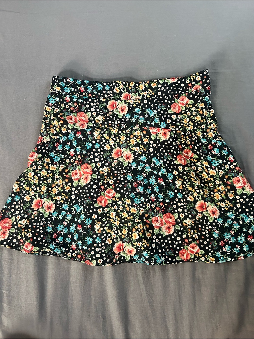 Altar'd State Black Floral Circle Skirt with Pink and Teal Blooms